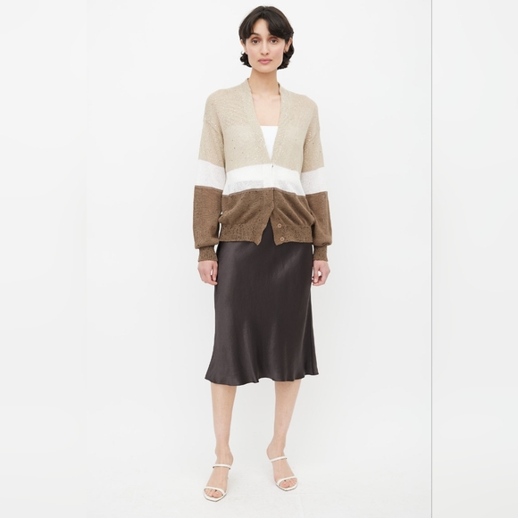 Brunello Cucinelli Sweater Cardigan Tan Sequin Linen Silk Long Sleeve Size L